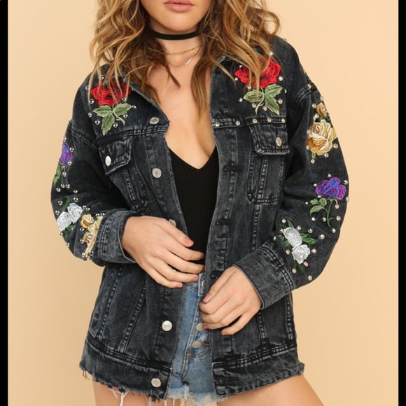 Jackets & Blazers - Oversized Studded rose embroidered denim jacket